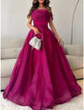 A-Line Prom Dresses Elegant Dress Formal Sweep / Brush Train Short Sleeve Off Shoulder Tulle with Pleats Ruched