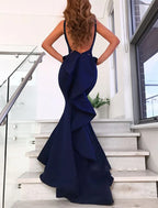 Mermaid / Trumpet Evening Gown Open Back Dress Formal Wedding Guest Court Train Sleeveless V Neck Stretch Fabric with Bow(s) Ruffles