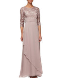 Sheath / Column Mother of the Bride Dress Wedding Guest Elegant Scoop Neck Ankle Length Chiffon Lace Half Sleeve with Ruching Solid Color