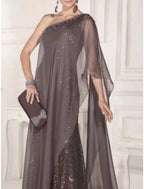 Sheath / Column Mother of the Bride Dress Wedding Guest Party Sparkle & Shine Elegant One Shoulder Sweep / Brush Train Chiffon Lace Sleeveless with Pleats Sequin