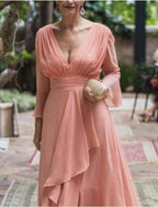 A-Line Mother of the Bride Dress Formal Wedding Guest Elegant V Neck Floor Length Chiffon 3/4 Length Sleeve with Pleats Ruffles
