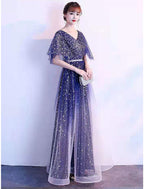 A-Line Ombre Prom Birthday Dress V Neck Short Sleeve Floor Length Tulle with Sash / Ribbon Crystals