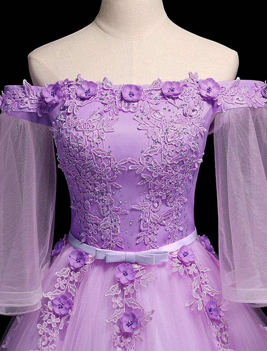 Luxurious Floral Quinceanera Prom Birthday Dress Off Shoulder Length Sleeve Floor Length Tulle Embroidery