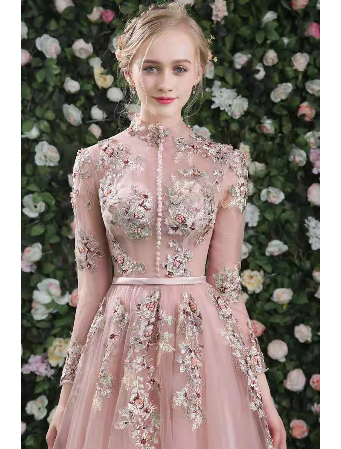 Prom Evening Dress High Neck Long Sleeve Floor Length Embroider