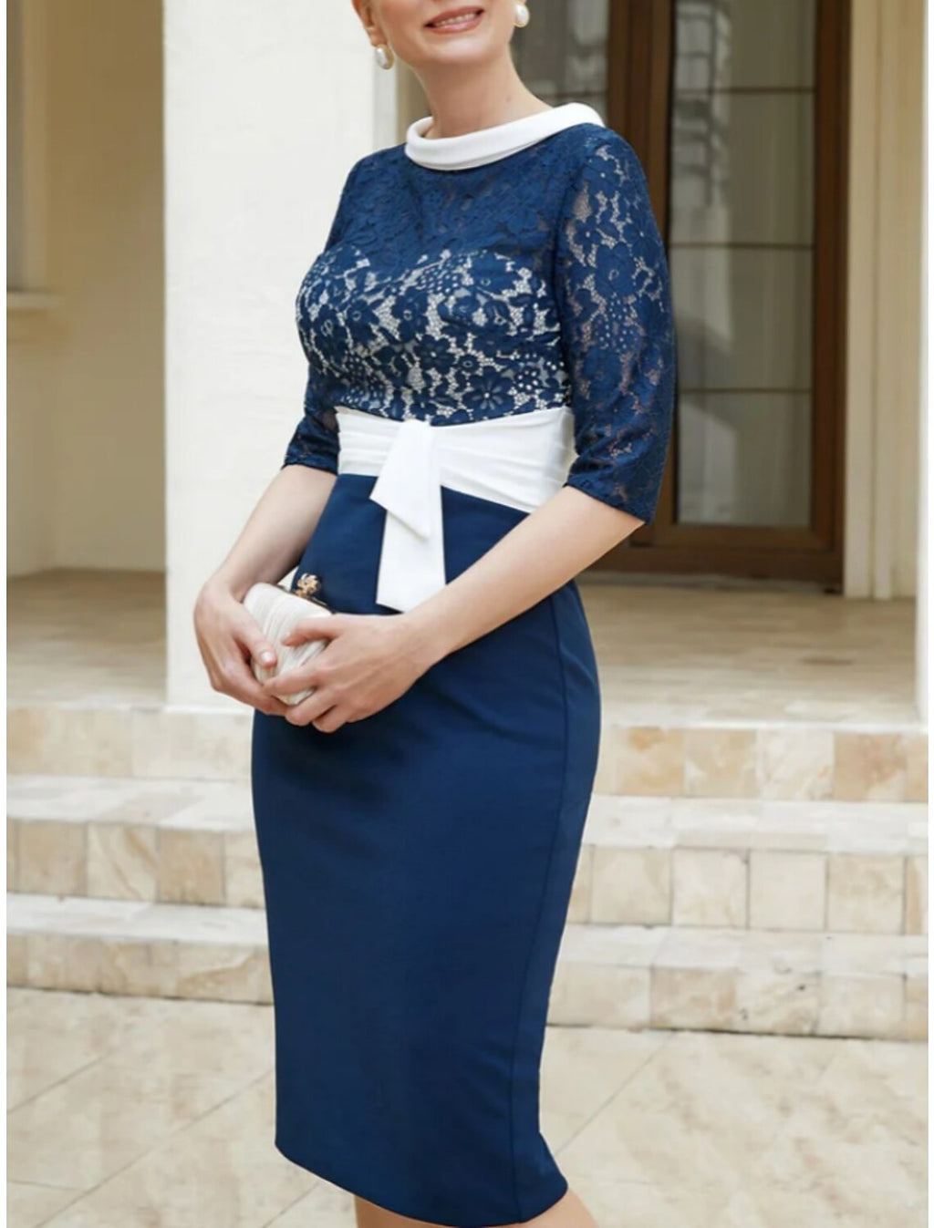 A-Line Mother of the Bride Dress Wedding Guest Elegant Petite Scoop Neck Knee Length Stretch Chiffon Half Sleeve with Lace Bow(s)
