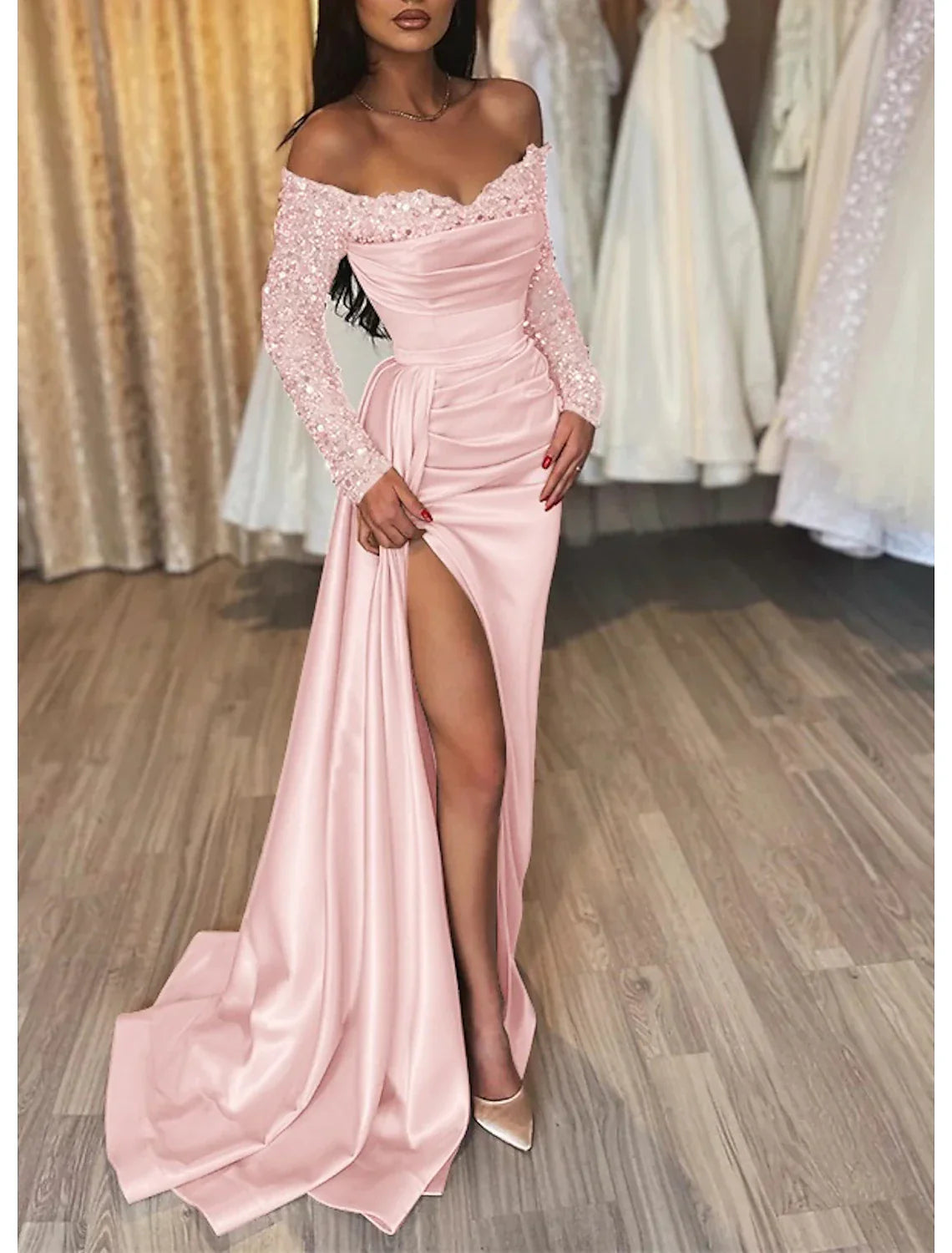 Mermaid Black Dress Evening Gown Ruched Sequin Dress Formal Sparkle Wedding Party Court Train Long Sleeve Off Shoulder Fall Wedding Reception Satin with Slit