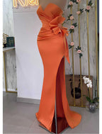 Mermaid / Trumpet Evening Gown Floral Dress Masquerade Sweep / Brush Train Sleeveless Strapless Satin with Slit