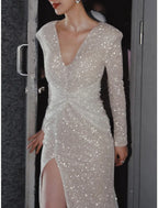 Sheath / Column Prom Dresses Sparkle & Shine Dress Wedding Party Floor Length Long Sleeve V Neck Sequined Backless with Glitter Ruched Slit