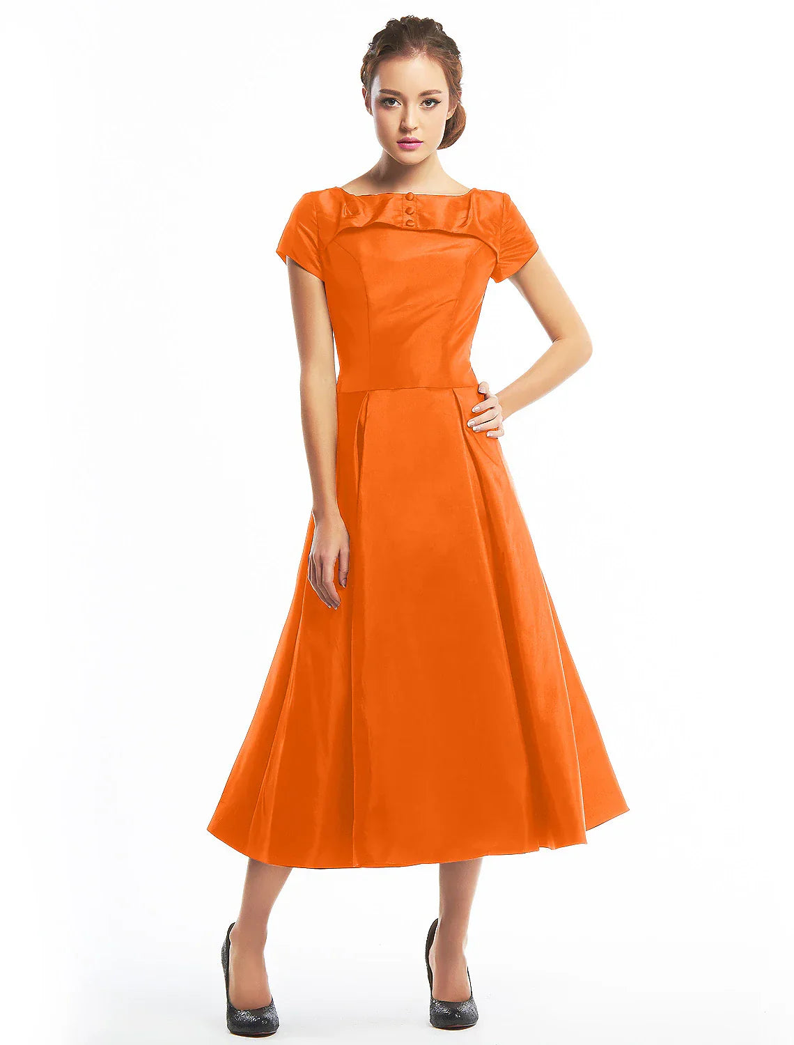 A-Line Vintage Dress Homecoming Wedding Guest Tea Length Short Sleeve Boat Neck Taffeta with Buttons
