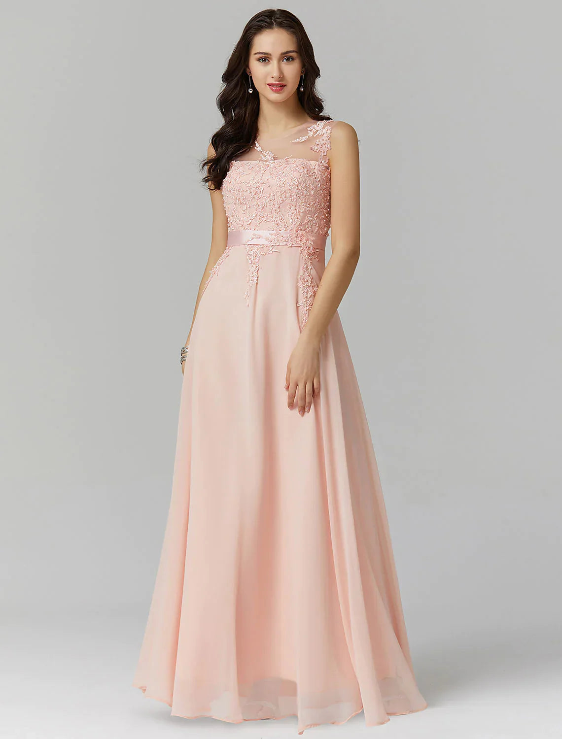 A-Line Evening Dresses Wedding Guest Floor Length Sleeveless Chiffon V Back Beading Appliques