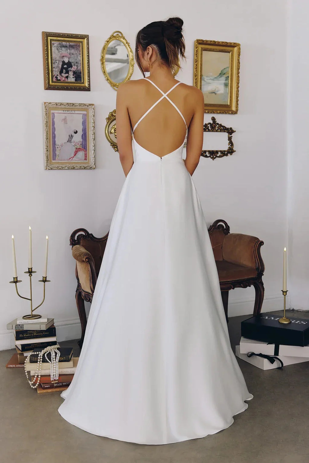 Timeless A-Line Cowl V-Neck Sleeveless Crisscross-Back Floor-Length Prom Dress
