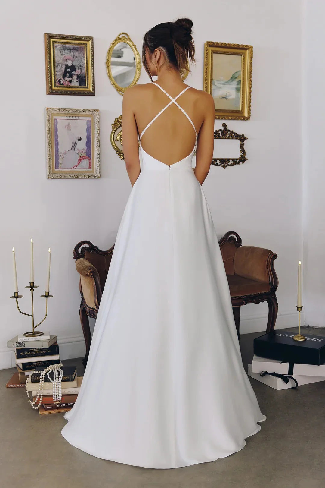 Timeless A-Line Cowl V-Neck Sleeveless Crisscross-Back Floor-Length Prom Dress