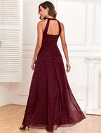 A-Line Evening Gown Empire Dress Evening Party Dress Wedding Reception Floor Length Sleeveless Halter Neck Polyester Backless V Back with Glitter