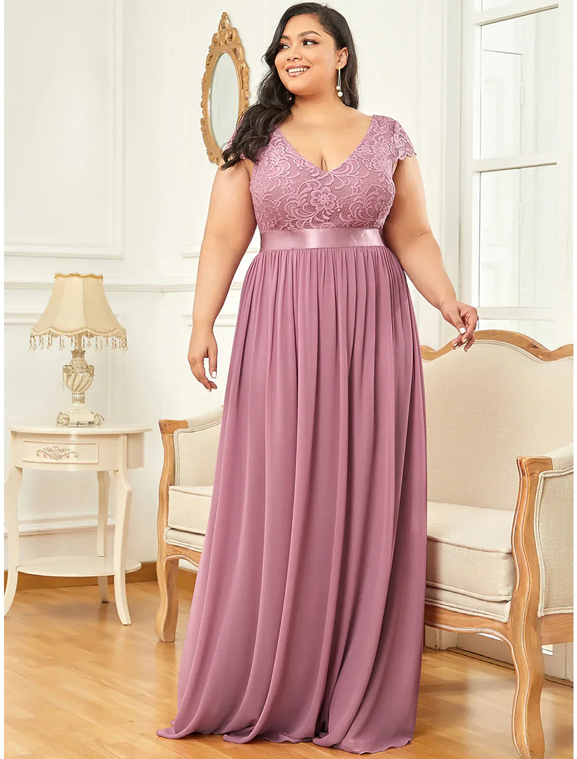 A-Line Elegant Vintage Formal Evening Dress V Neck V Back Short Sleeve Floor Length Chiffon Draping Lace