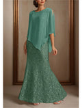 Two Piece Mermaid / Trumpet Mother of the Bride Dress Formal Wedding Guest Elegant Jewel Neck Floor Length Chiffon Sequined 3/4 Length Sleeve Wrap Included with Beading Sequin
