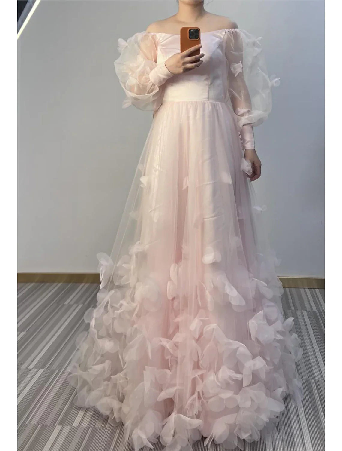 A-Line Prom Dresses Maxi Dress Sweet 16 Birthday Floor Length Long Sleeve Scoop Neck Tulle with Appliques Butterfly
