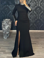 Mermaid Black Dress Plus Size Evening Gown Glittering Dress Formal Wedding Guest Floor Length Long Sleeve High Neck Stretch Fabric with Sequin