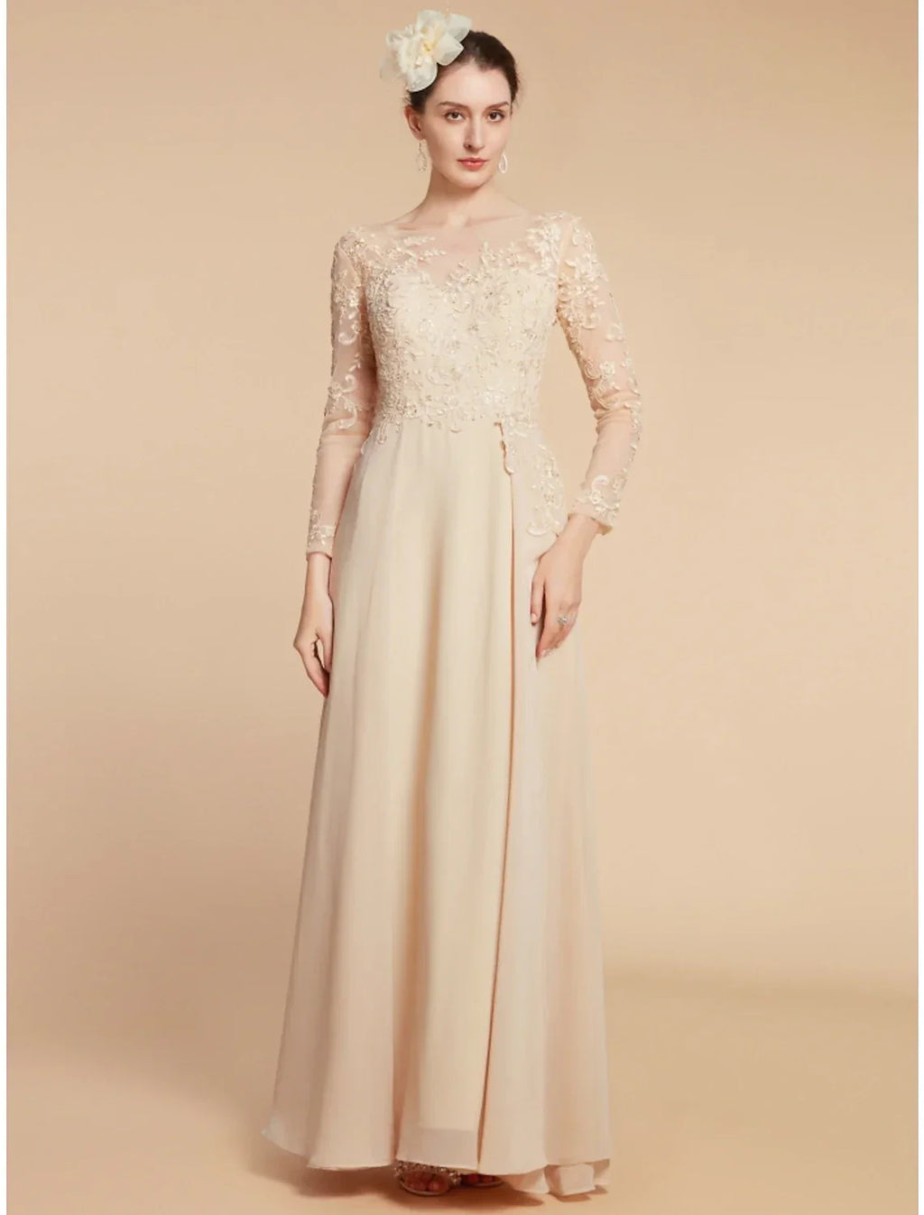 A-Line Mother of the Bride Dress Wedding Guest Elegant Jewel Neck Ankle Length Chiffon Lace Long Sleeve with Ruching Solid Color