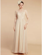 A-Line Mother of the Bride Dress Wedding Guest Elegant Jewel Neck Ankle Length Chiffon Lace Long Sleeve with Ruching Solid Color