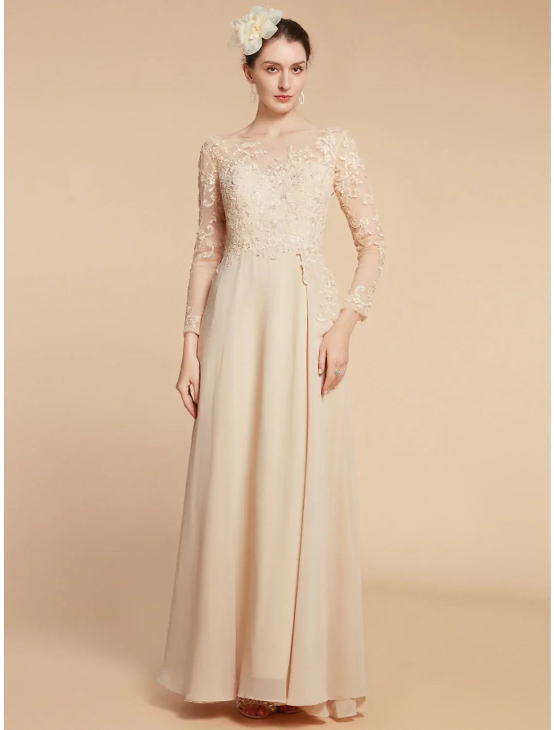 A-Line Mother of the Bride Dress Wedding Guest Elegant Jewel Neck Ankle Length Chiffon Lace Long Sleeve with Ruching Solid Color