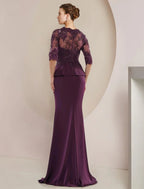 Mermaid / Trumpet Mother of the Bride Dress Formal Wedding Guest Luxurious Elegant V Neck Floor Length Lace Stretch Chiffon Half Sleeve with Beading Ruffles Appliques