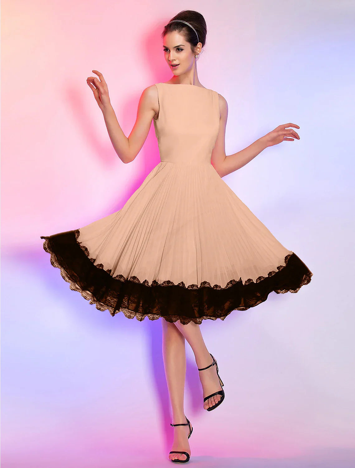 A-Line Cute Dress Homecoming Knee Length Sleeveless Boat Neck Pink Dress Chiffon with Lace