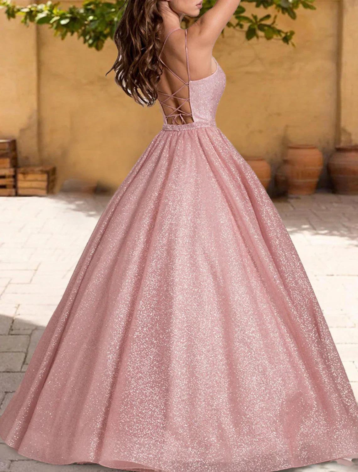 Ball Gown Quinceanera Dresses Sparkle & Shine Dress Sweet 16 Birthday Floor Length Sleeveless Spaghetti Strap Tulle with Glitter Criss Cross Pleats