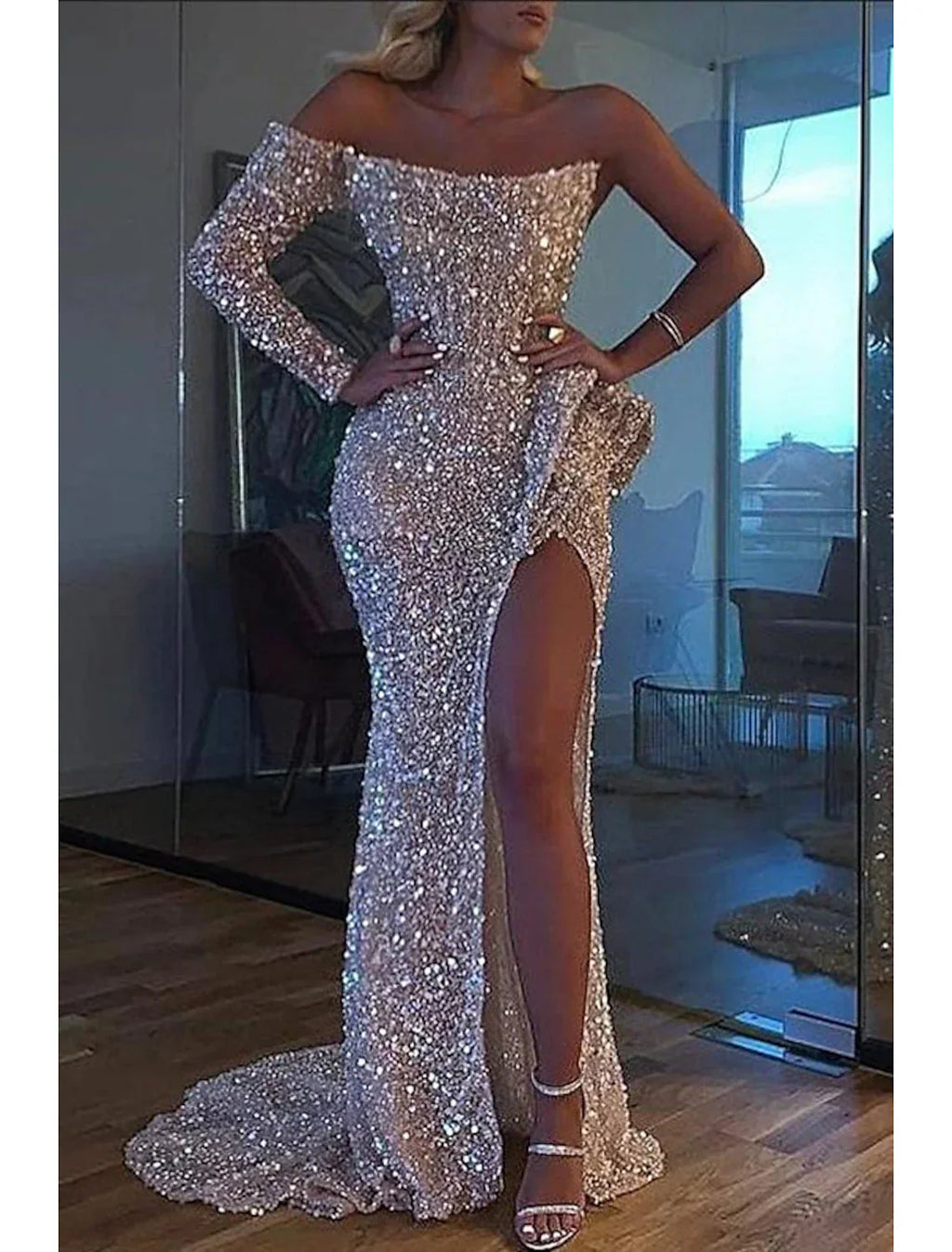 Mermaid Dress Evening Gown Christmas Red Green Dress Formal Wedding Court Train Long Sleeve One Shoulder Sequined with Sequin Slit