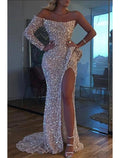 Mermaid Dress Evening Gown Christmas Red Green Dress Formal Wedding Court Train Long Sleeve One Shoulder Sequined with Sequin Slit
