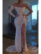 Mermaid Dress Evening Gown Christmas Red Green Dress Formal Wedding Court Train Long Sleeve One Shoulder Sequined with Sequin Slit