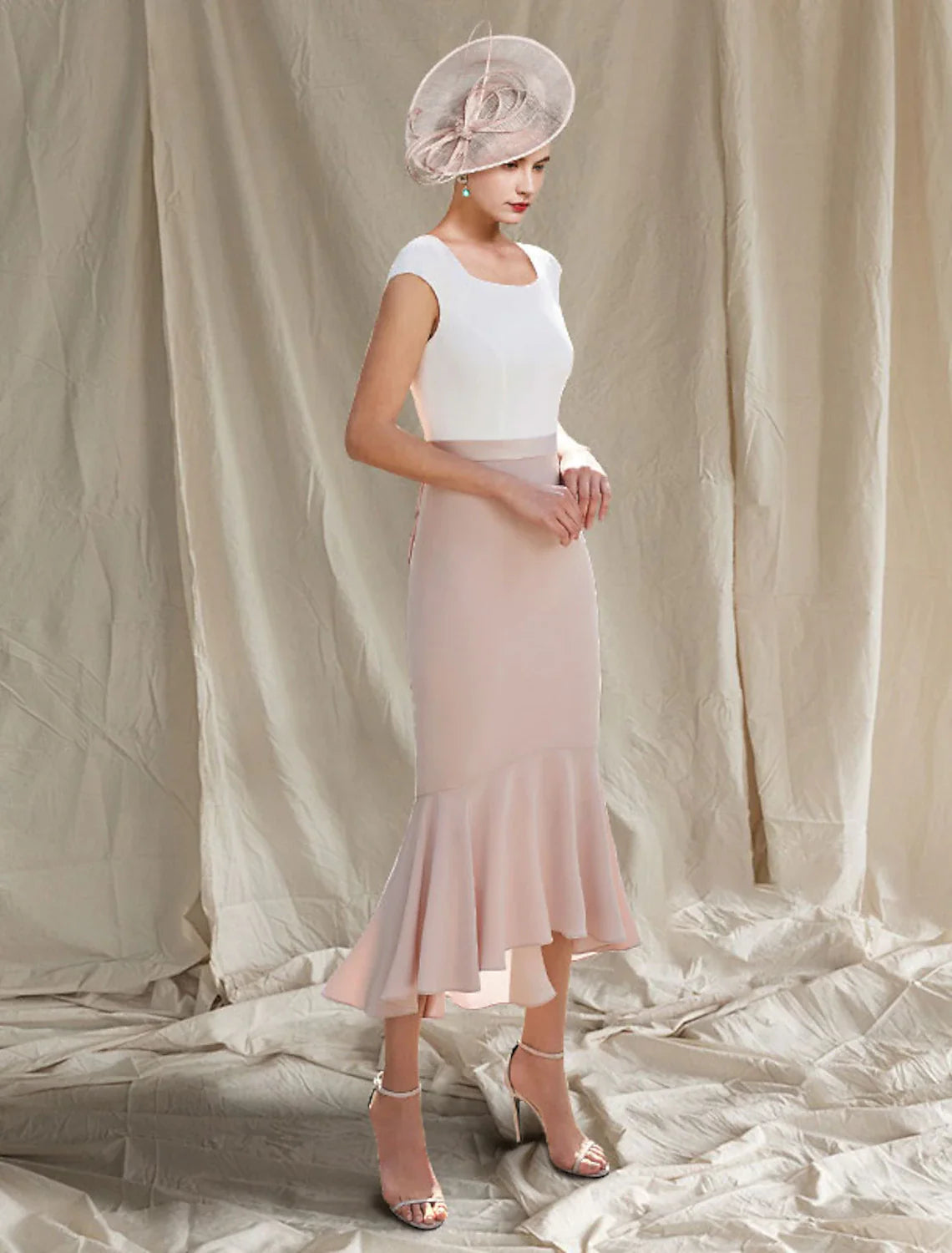 Two Piece Mermaid / Trumpet Mother of the Bride Dress Church Elegant High Low Square Neck Asymmetrical Tea Length  Chiffon Sleeveless Short Jacket Dresses with Pearls Beading
