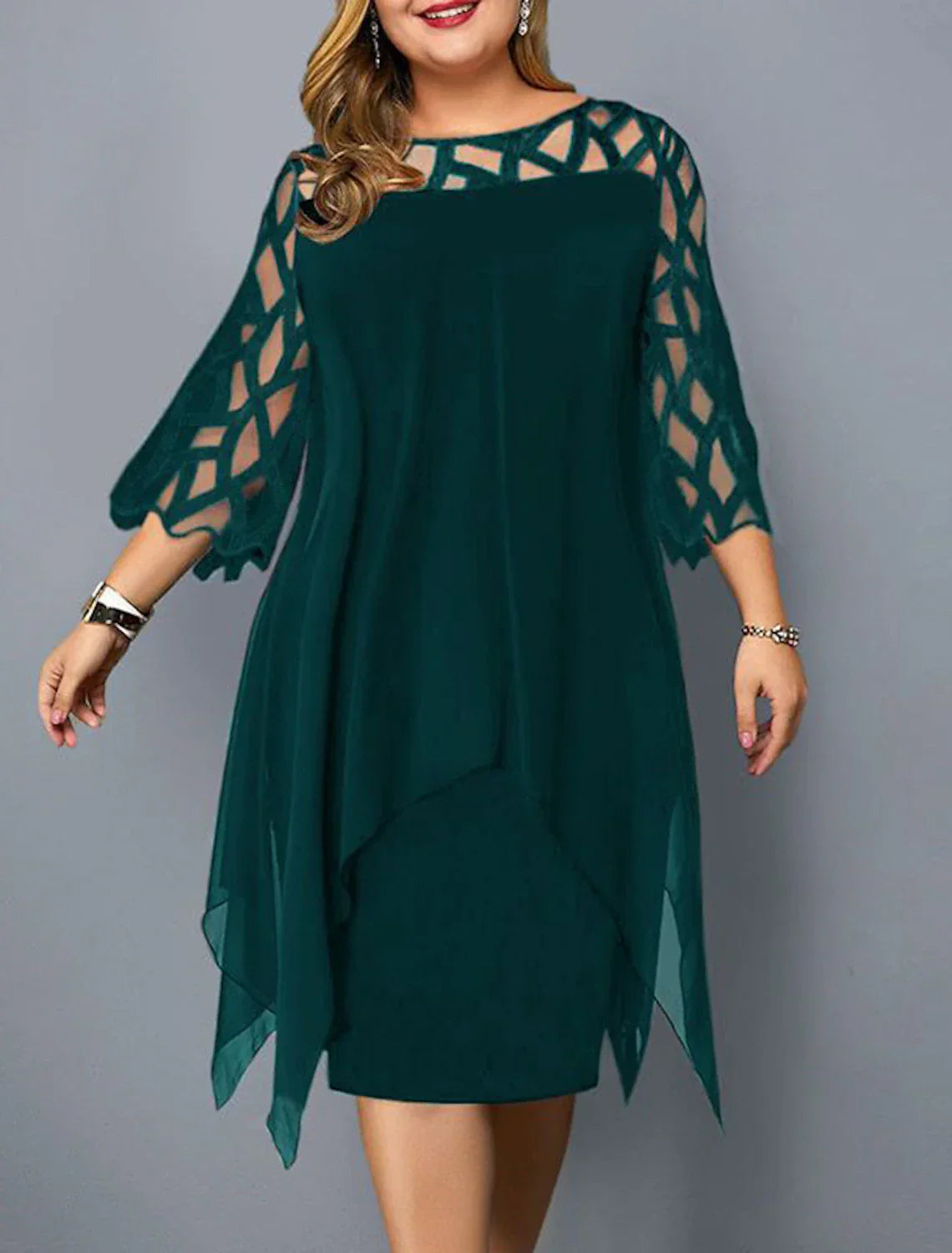 A-Line Elegant Cocktail Dress Semi-formal Party Dress Midi Jewel Neck 3/4 Length Sleeve Knee Length Lace with Sleek Splicing