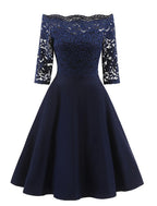 A-Line Cocktail Dresses Vintage Dress Graduation Party Wear Knee Length 3/4 Length Sleeve Off Shoulder Lace with Lace
