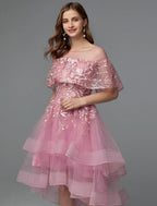 A-Line Elegant Dress Asymmetrical Sleeveless Neck Lace Tie Back with Lace