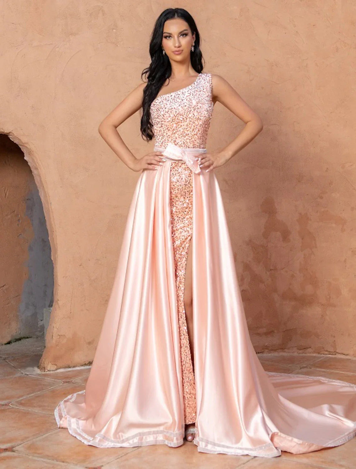 A-Line Mermaid / Trumpet Cocktail Dresses Sparkle & Shine Dress Wedding Party Birthday Court Train Sleeveless One Shoulder Sequined with Sequin