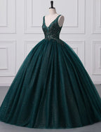 Prom Dresses Sparkle Shine Dress Quinceanera Floor Length Sleeveless V Neck Tulle with Sequin Appliques