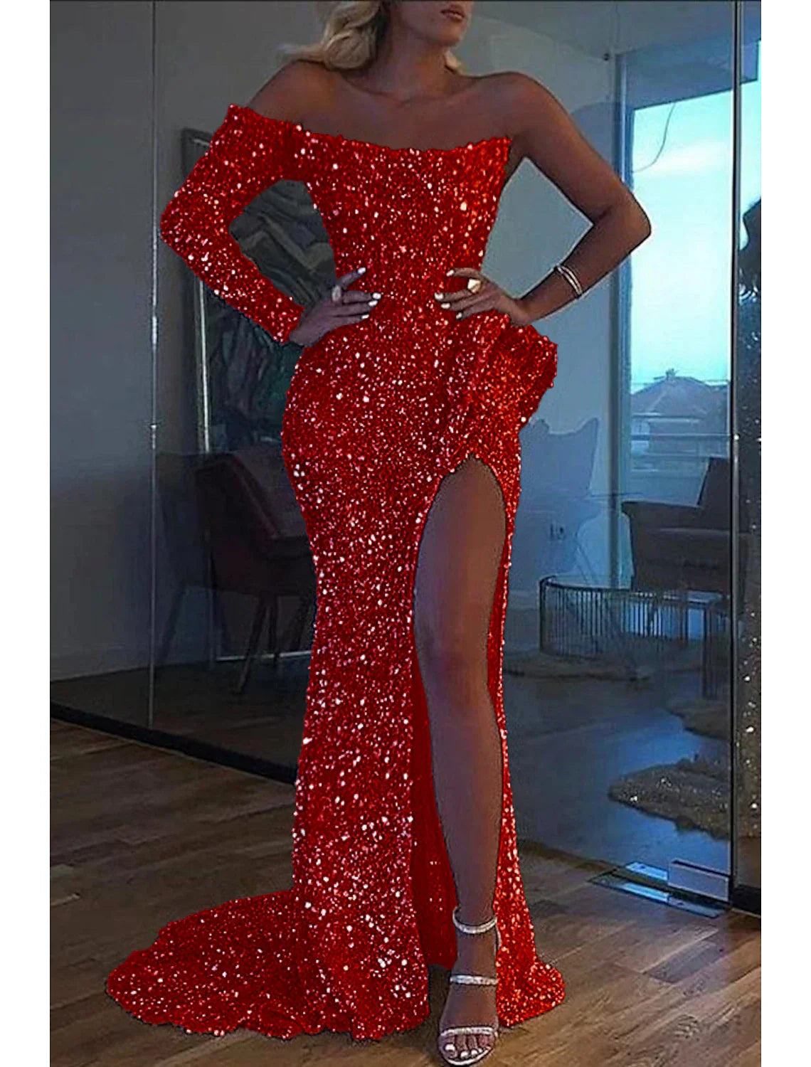 Mermaid Dress Evening Gown Christmas Red Green Dress Formal Wedding Court Train Long Sleeve One Shoulder Sequined with Sequin Slit