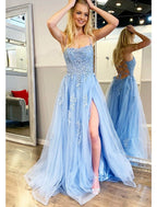 A-Line Prom Dresses Puffy Dress Formal Floor Length Sleeveless Sweetheart Tulle Backless with Appliques