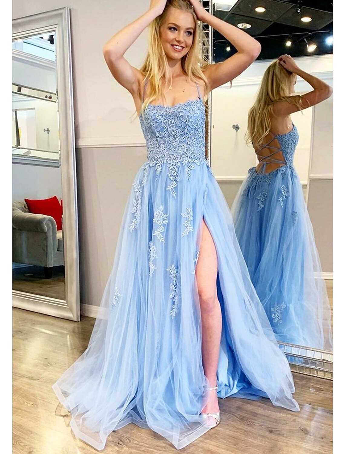 A-Line Prom Dresses Puffy Dress Formal Floor Length Sleeveless Sweetheart Tulle Backless with Appliques