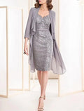 Two Piece Sheath / Column Mother of the Bride Dress Wedding Guest Elegant V Neck Knee Length Chiffon Lace 3/4 Length Sleeve with Lace Appliques