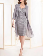 Two Piece Sheath / Column Mother of the Bride Dress Wedding Guest Elegant V Neck Knee Length Chiffon Lace 3/4 Length Sleeve with Lace Appliques