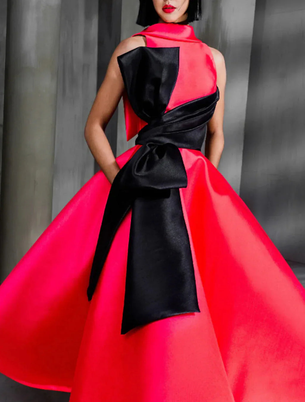 Ball Gown Color Block Celebrity Style Elegant Prom Formal Evening Birthday Dress High Neck Sleeveless Ankle Length Satin with Bow(s)