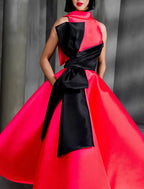 Ball Gown Color Block Celebrity Style Elegant Prom Formal Evening Birthday Dress High Neck Sleeveless Ankle Length Satin with Bow(s)