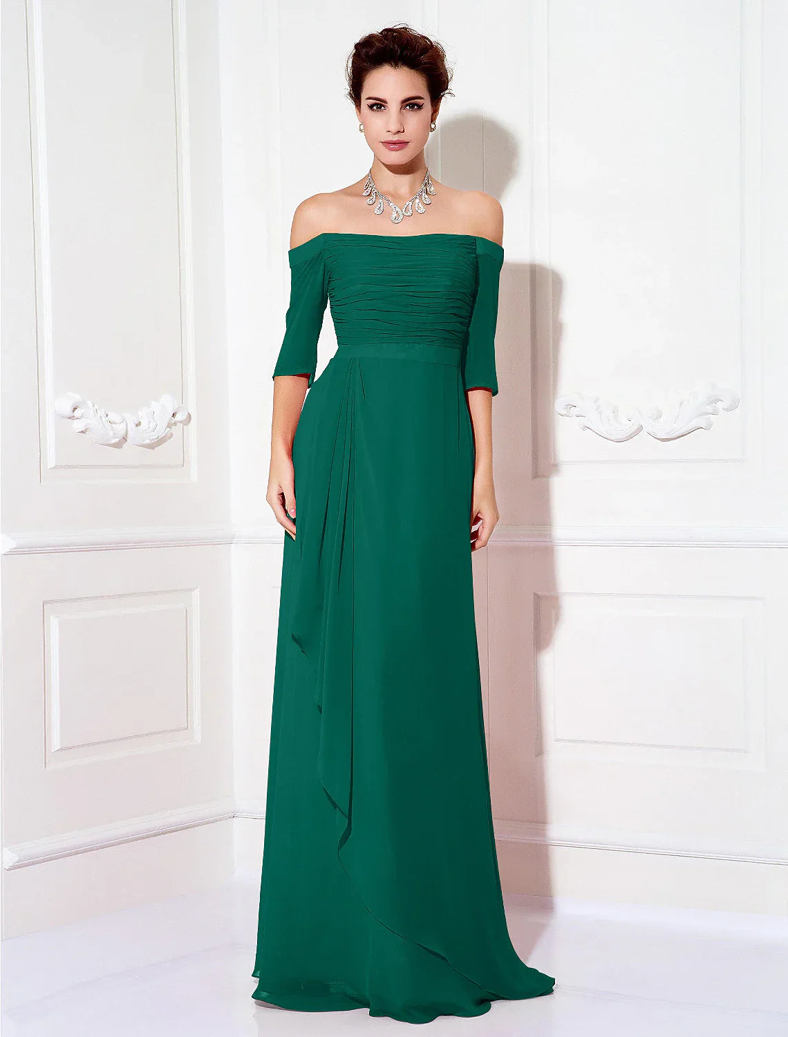 Sheath / Column Minimalist Dress Wedding Guest Sweep / Brush Train Half Sleeve Off Shoulder Chiffon with Ruched Draping