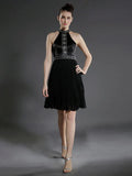 Little Black Dress Dress Holiday Knee Length Sleeveless High Neck Chiffon with Pleats Beading