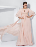 A-Line Evening Dresses Elegant Dress Wedding Half Sleeve Jewel Neck Chiffon with Beading Draping