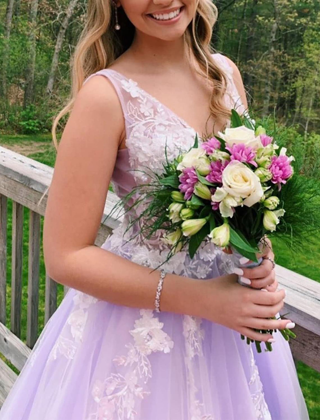 Ball Gown A-Line Prom Dresses Color Block Dress Formal Floor Length Sleeveless V Neck Tulle BacklessBack