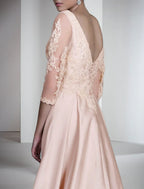Sheath / Column Mother of the Bride Dress Formal Wedding Guest Elegant V Neck Sweep / Brush Train Satin Lace Sequined Half Sleeve with Appliques