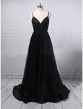 A-Line Prom Dresses Glittering Dress Party Wear Floor Length Sleeveless V Neck Sequined with Slit