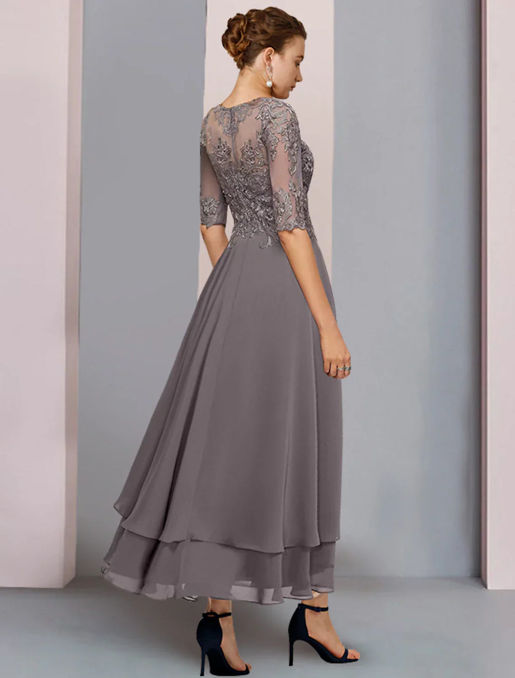 A-Line Mother of the Bride Dress Formal Wedding Guest Elegant Scoop Neck Asymmetrical Tea Length Chiffon Lace 3/4 Length Sleeve with Beading Tier Appliques